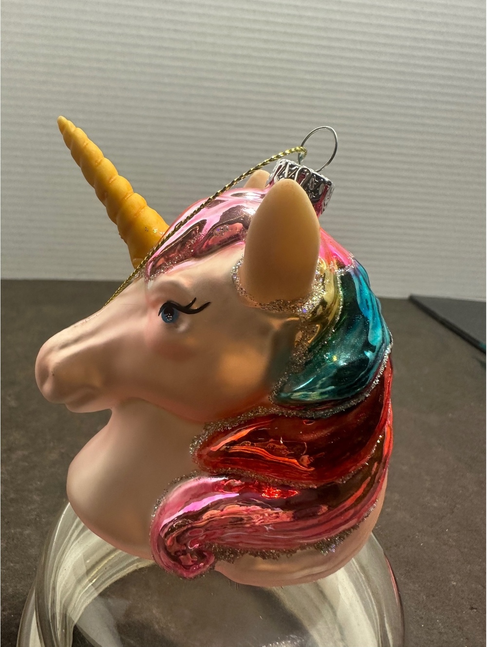 Northlight Pink Unicorn Head Rainbow Mane Glass Christmas Ornament 3.5”